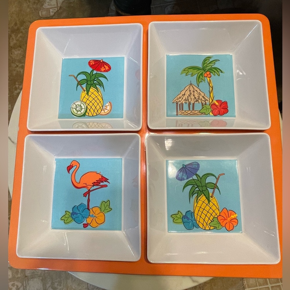 Set 4 bowls Divided Tropical Palm Tree pineapple flamingo Serving Tray